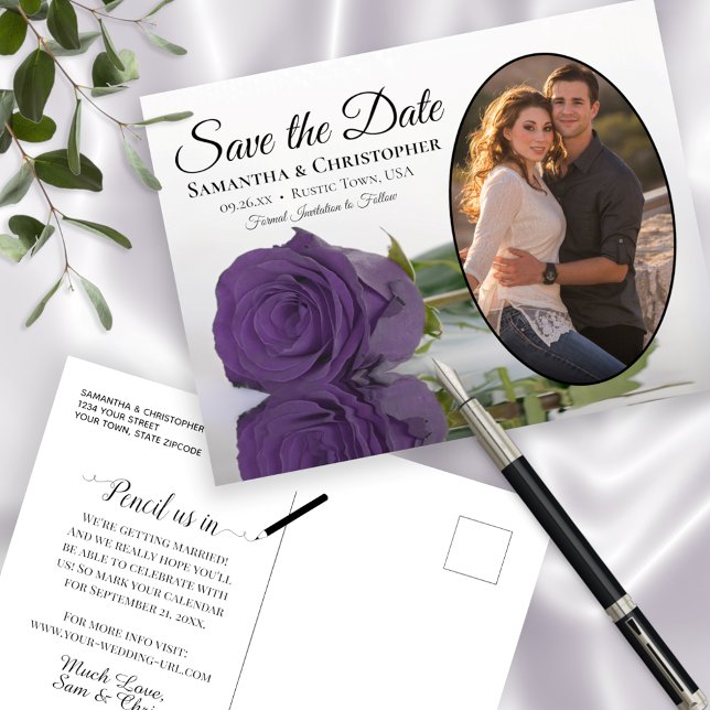 Elegant Amethyst Purple Rose Photo Save The Date Announcement Postcard (Creator Uploaded)