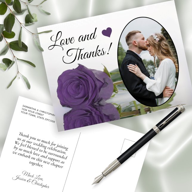 Elegant Amethyst Purple Rose Wedding Love & Thanks Postcard (Creator Uploaded)