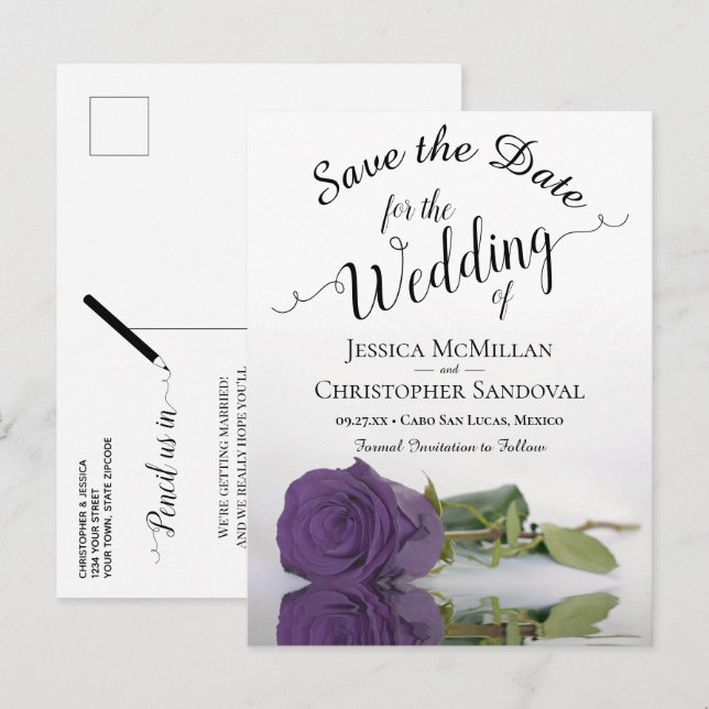 Elegant Amethyst Purple Rose Wedding Save the Date Announcement Postcard (Front/Back)