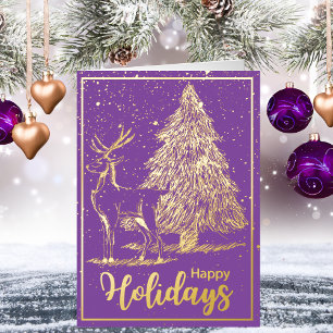 Elegant Amethyst Reindeer and Tree Christmas Foil Holiday Card