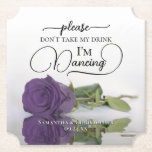 Elegant Amethyst Rose Don't Take My Drink Wedding Paper Coaster<br><div class="desc">This wedding coaster is elegant, stylish, and fun! It features a photo of a single long-stemmed amethyst purple coloured rose lying on its side mirrored in a pool of water. The text reads "Please don't take my drink, I'm dancing" written in modern script lettering. There is space for the names...</div>
