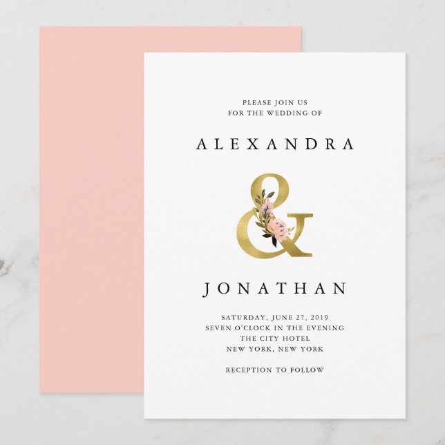 Elegant Ampersand | Gold and Blush Wedding Invitation (Front/Back)