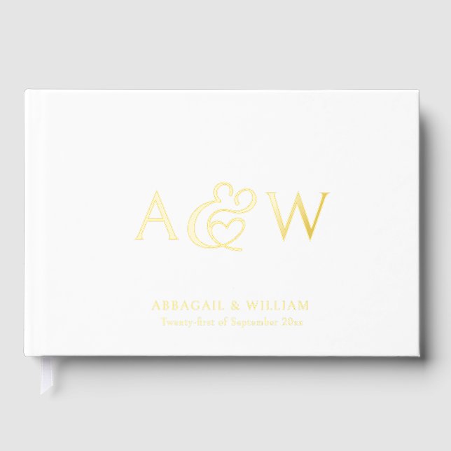 Elegant Ampersand Monogram Gold Foil White Wedding Guest Book (Front)
