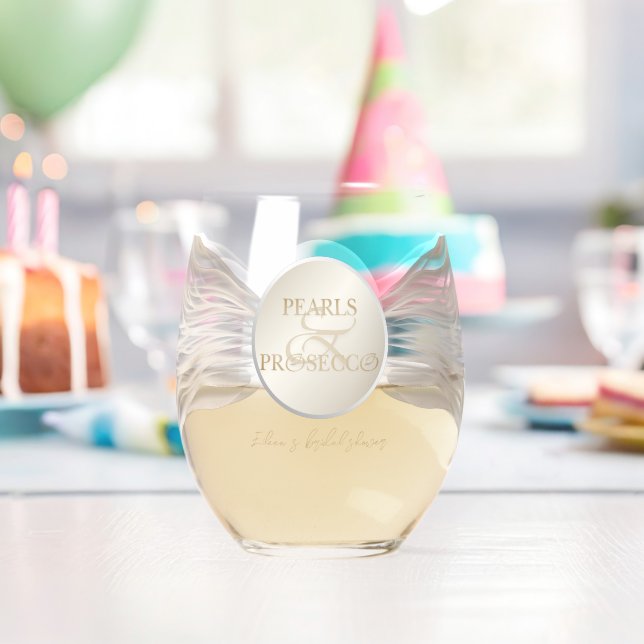 Elegant Ampersand Pearls & Prosecco Bridal Shower Stemless Wine Glass (Insitu (Birthday))