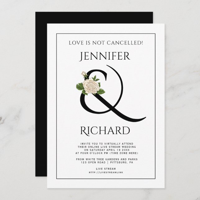 Elegant ampersand rose black white virtual wedding invitation (Front/Back)