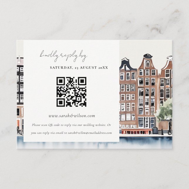 Elegant Amsterdam Dutch Canal Wedding QR Code RSVP Enclosure Card (Front)