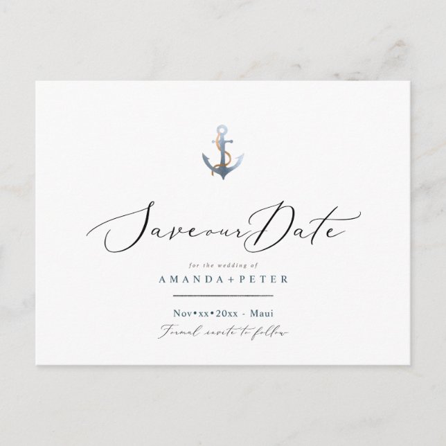 Elegant Anchor, Nautical Save the Date Postcard (Front)