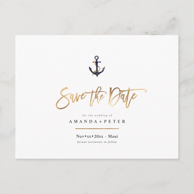 Elegant Anchor, Nautical Save the Date Postcard (Front)