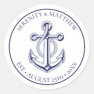 Elegant Anchor Navy Blue Nautical Wedding  Classic Round Sticker