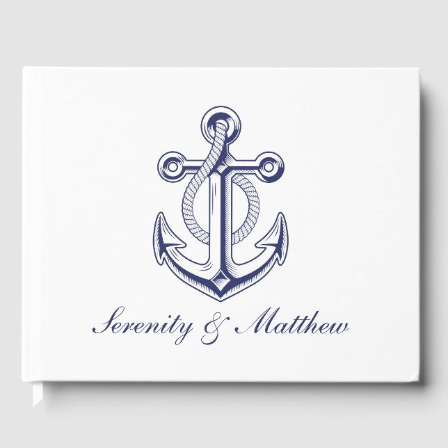 Elegant Anchor Navy Blue Nautical Wedding Guest Book (Front)