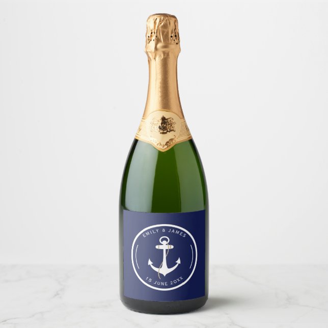 Elegant Anchor Navy & White Nautical Wedding  Sparkling Wine Label (Front)