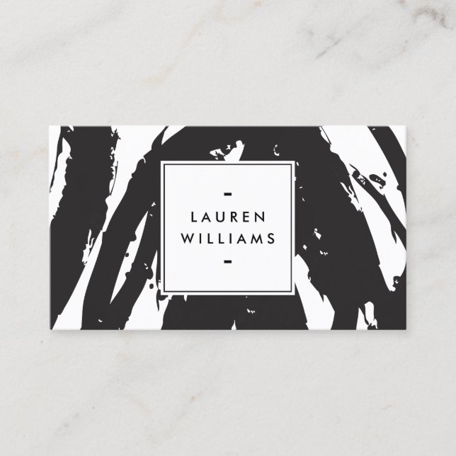 Elegant and Abstract Black and White Brushstrokes Business Card (Front)