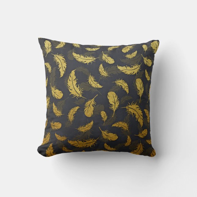 Elegant And Chic Black And Gold Feather Pattern Cushion (Front)