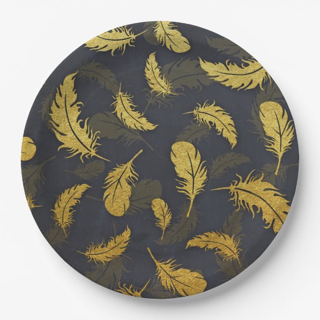 Elegant And Chic Black And Gold Feather Pattern Paper Plate (Front)