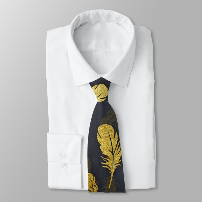 Elegant And Chic Black And Gold Feather Pattern Tie (Tied)