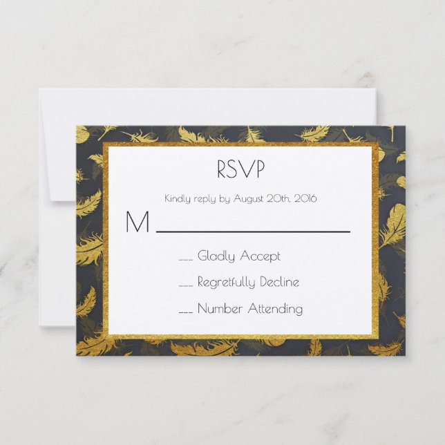 Elegant And Chic Black And Gold Feather RSVP (Front)
