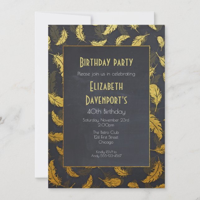 Elegant And Chic Black And Gold Feathers Birthday Invitation (Front)