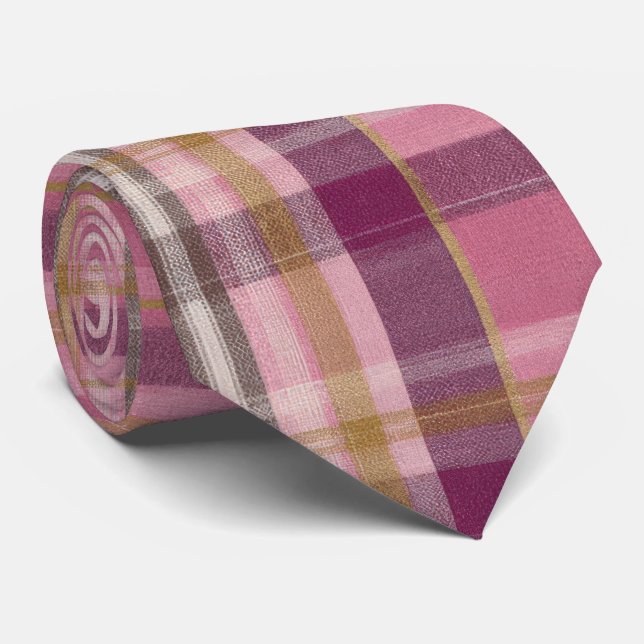 Elegant and classic Pink Plaid Gingham Pattern Tie (Rolled)