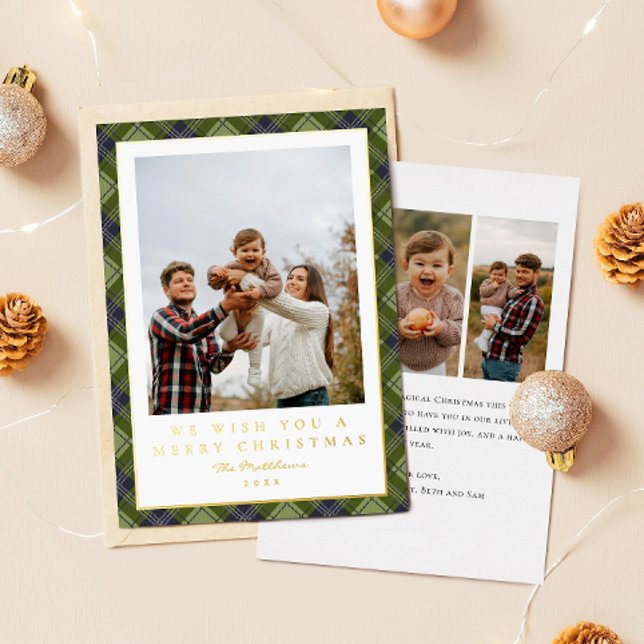 Elegant and Classic Plaid Photo Gold Christmas Foil Holiday Card (Creator Uploaded)