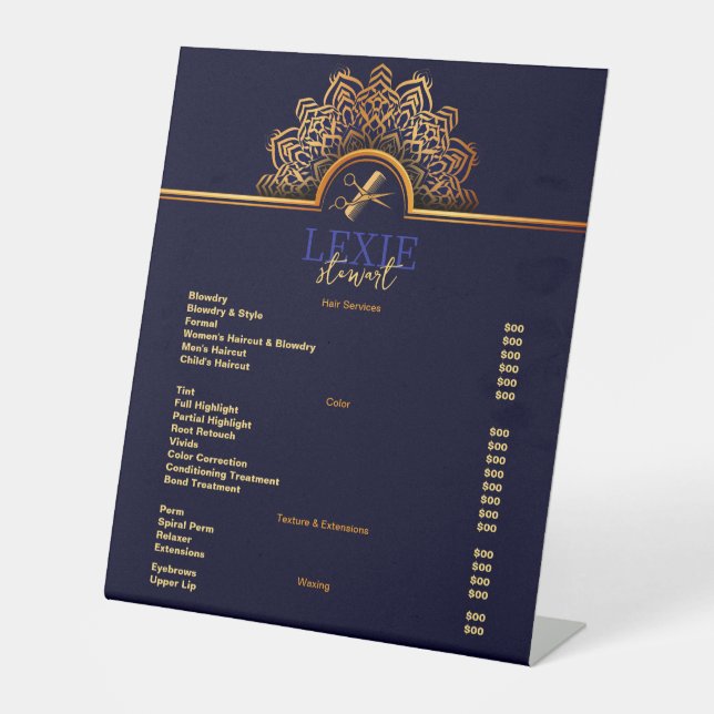 Elegant and Classy Hair Stylist Price List Pedestal Sign (Front)