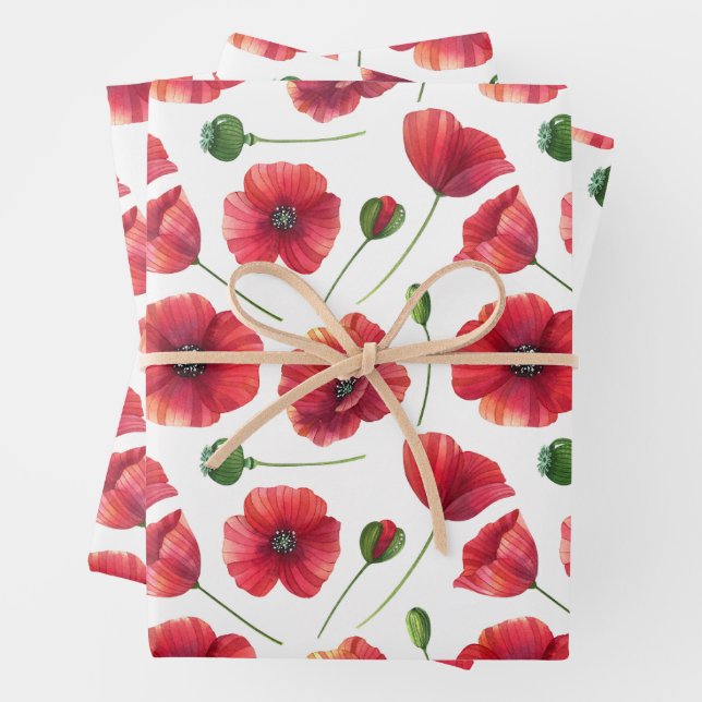 Elegant and Colourful Red Poppy Flowers  Wrapping Paper Sheet (In situ)