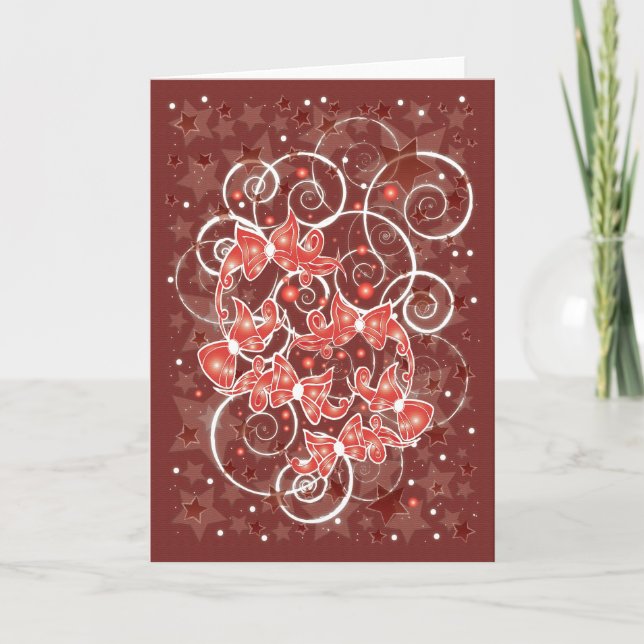 Elegant and Cute Christmas Bows and stars Holiday Card (Front)