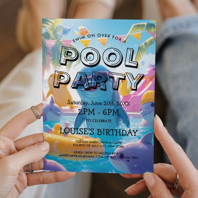 Elegant And Cute Dolphins Pool Party Invitation (Creator Uploaded)