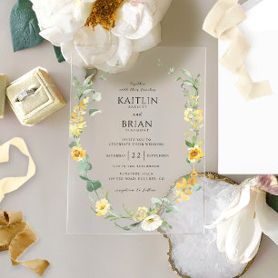 Elegant and Delicate Yellow Floral Wreath Wedding Acrylic Invitations