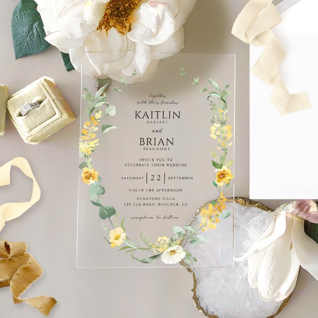 Elegant and Delicate Yellow Floral Wreath Wedding Acrylic Invitations (Creator Uploaded)