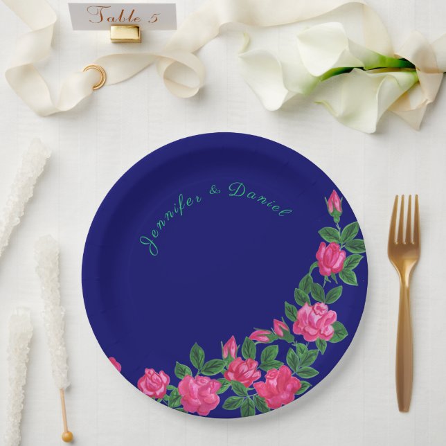 Elegant and floral Royal Blue Paper Plates (Wedding)
