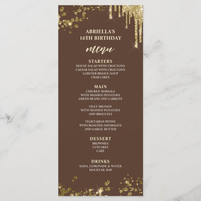Elegant and Fun Brown and Gold Menu (Front)