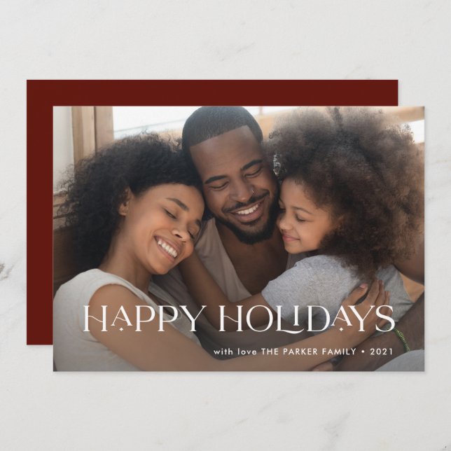 Elegant and Happy Holidays | One Photo Brick Red Holiday Card (Front/Back)