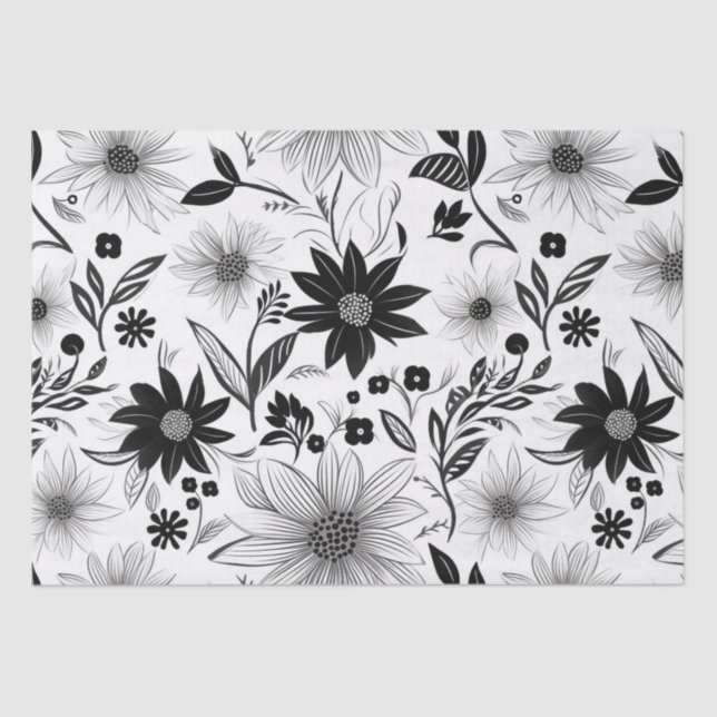 Elegant and intricate black and white flower patte tissue paper (Front)