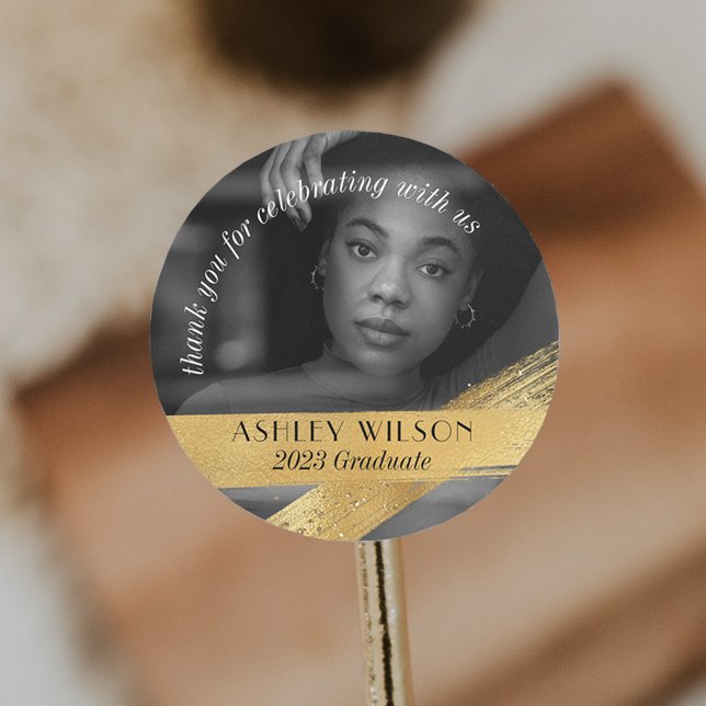 Elegant and Minimal Gold Photo Graduation Classic Round Sticker (Creator Uploaded)