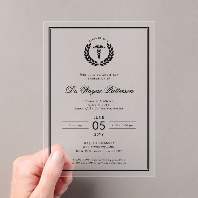 Elegant and Minimalist Medical School Graduation Acrylic Invitations (Insitu (Handheld))