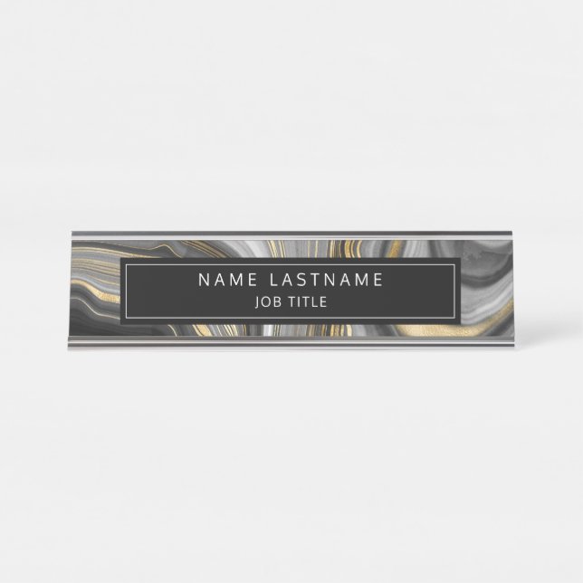 Elegant and Modern Agate Black Gray and Gold Desk Name Plate (Front)