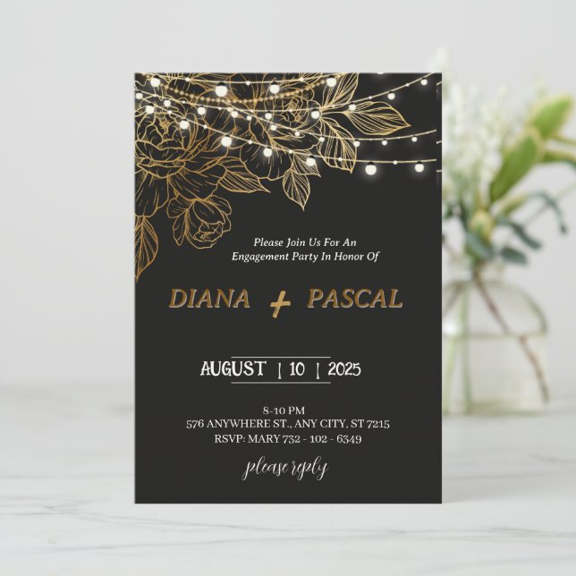 Elegant and modern black and gold engagement invitation (Standing Front)