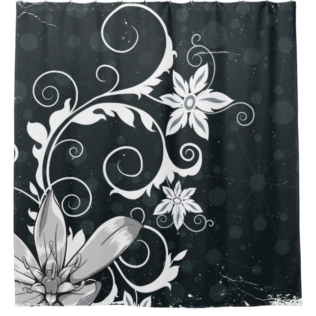 Elegant and Modern Black and White Floral Design Shower Curtain (Front)