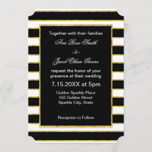 Elegant and Modern Black, White, Faux Gold Stripes Invitation