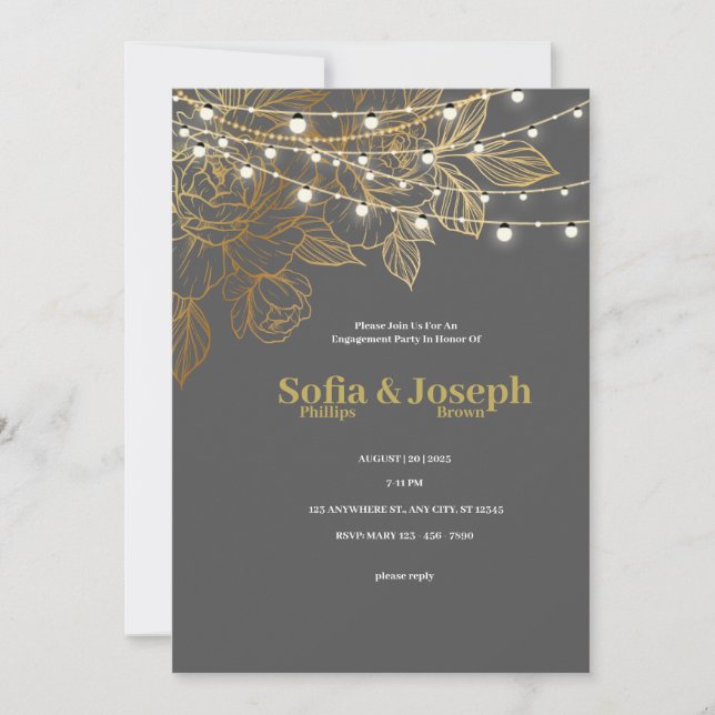 Elegant and modern grey and gold engagement invita invitation (Front)