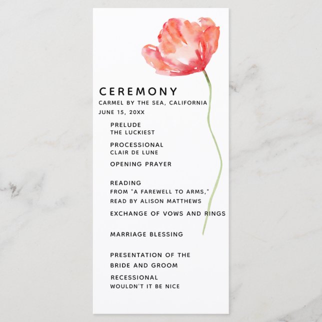 Elegant and Modern Poppy Red Wedding Ceremony Program (Front)