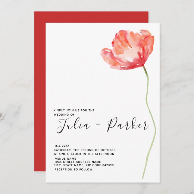 Elegant and Modern Poppy Red Wedding Invitation (Front/Back)
