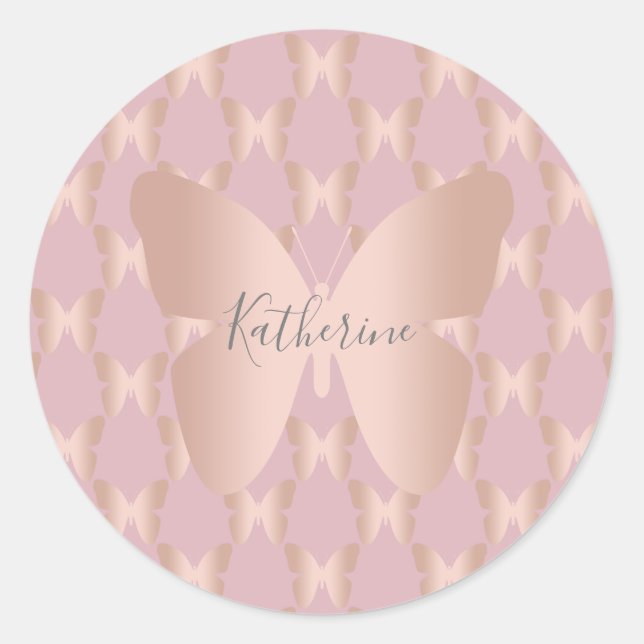 Elegant and modern rose gold butterfly design classic round sticker (Front)
