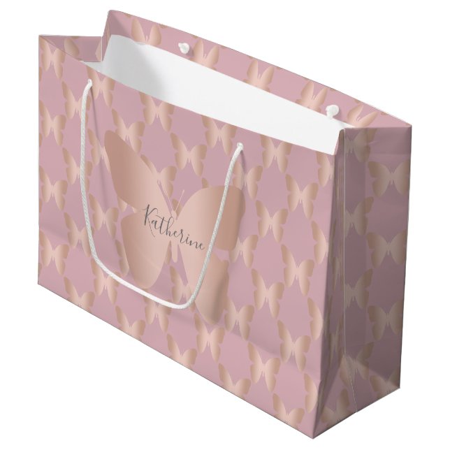 Elegant and modern rose gold butterfly design large gift bag (Front Angled)