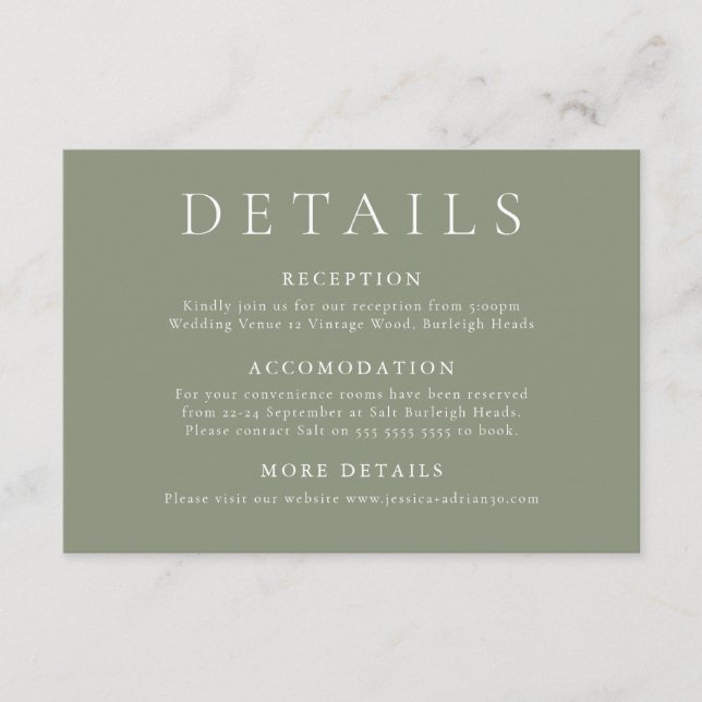Elegant and Modern Sage Green Wedding Details Enclosure Card (Front)
