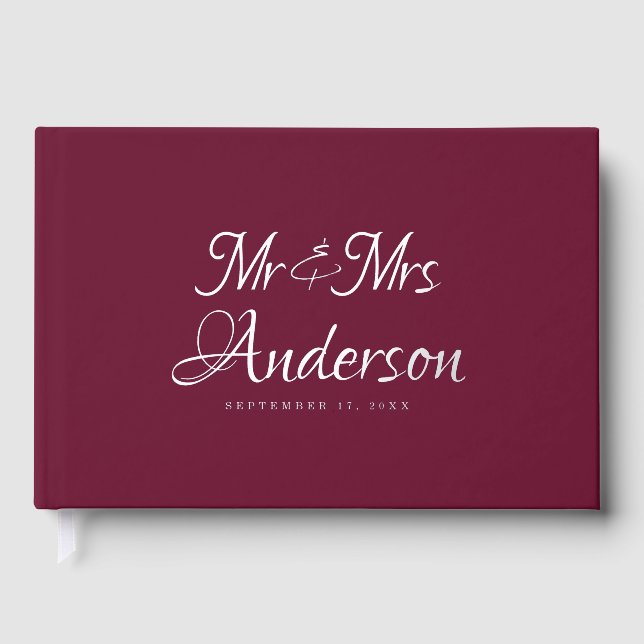 Elegant and Modern Script Burgundy Wedding Guest Book (Front)