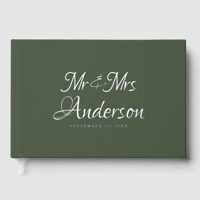 Elegant and Modern Script Green Wedding Guest Book (Front)