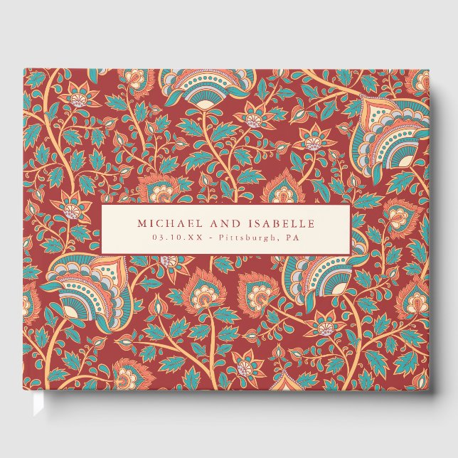 Elegant and Ornate Red Botanical Pattern Photo Guest Book (Front)