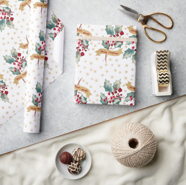 Elegant and simple Christmas holly berry pattern Wrapping Paper (Crafts)
