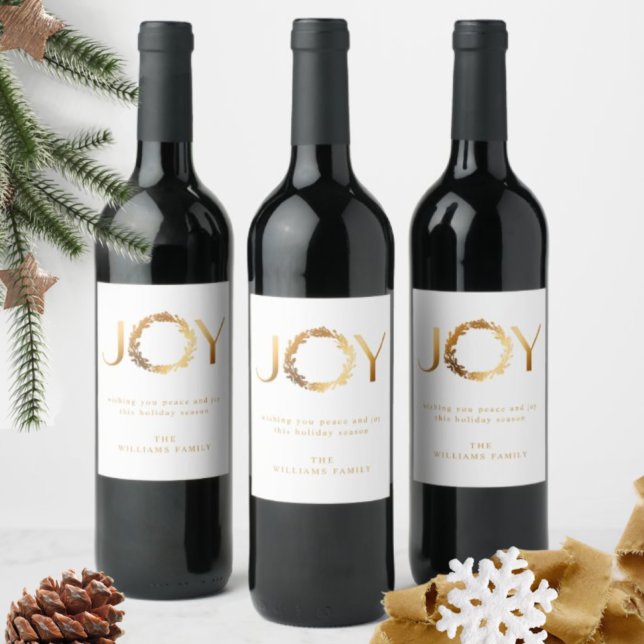Elegant and Simple "JOY" Gold Foil Holiday  Wine Label (Creator Uploaded)